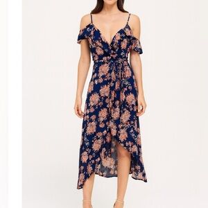 Lunik Navy Floral wrap Dress Casual cold shoulder floral maxi spaghetti strap